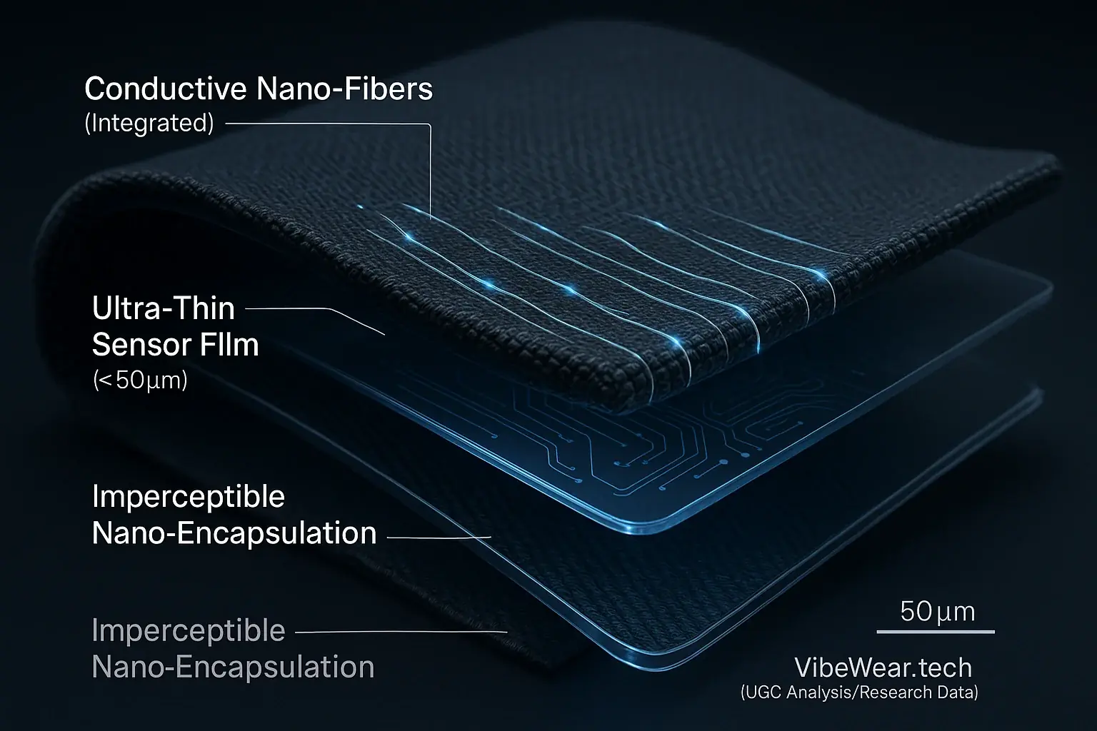 Conceptual VibeWear smart fabric cross-section: ultra-thin, imperceptible embedded sensor layers, ensuring seamless comfort.