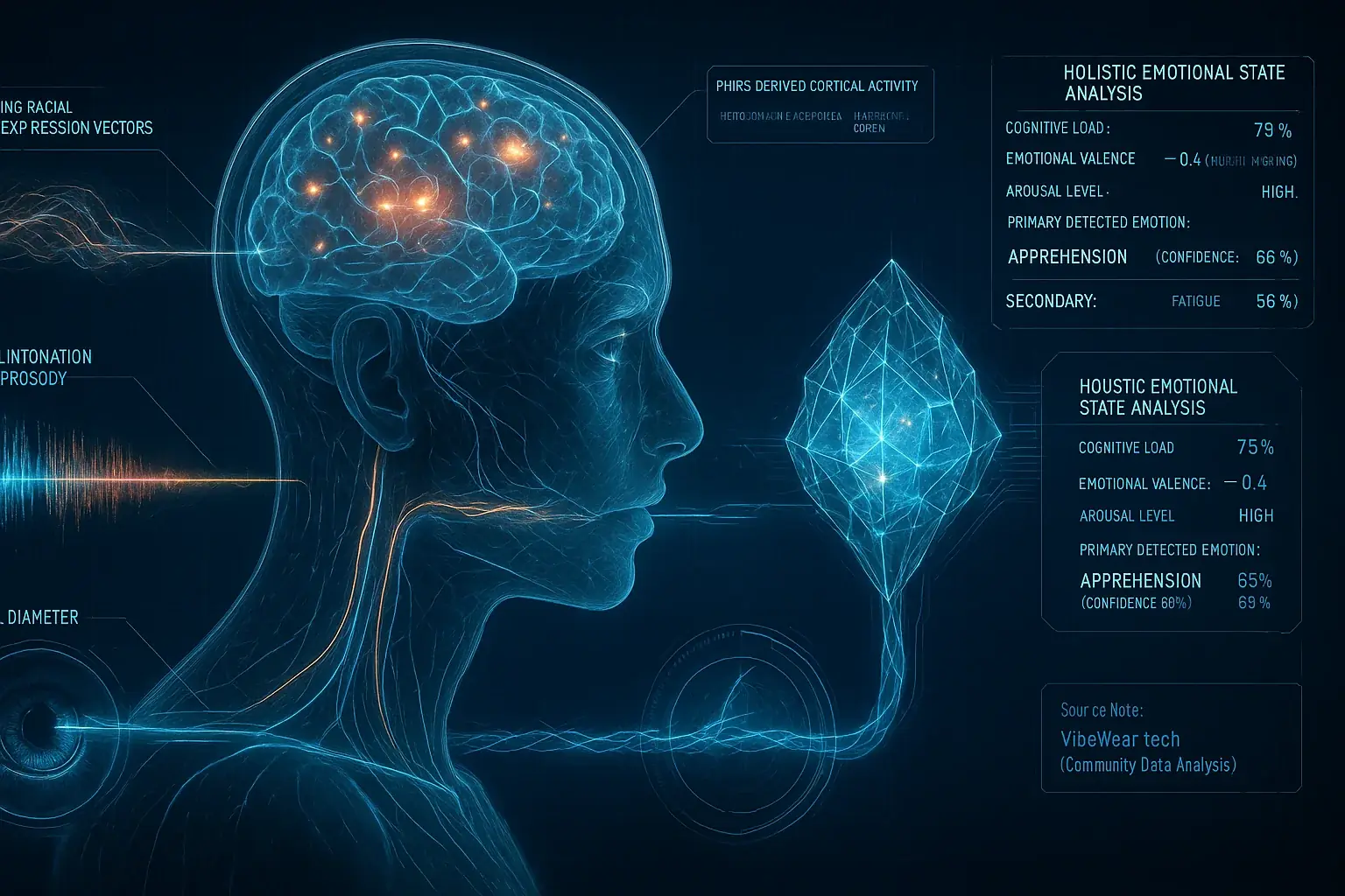 Diagram: Advanced biometrics (facial cues, voice tone, brainwaves) feeding an interpretation system for deeper emotional