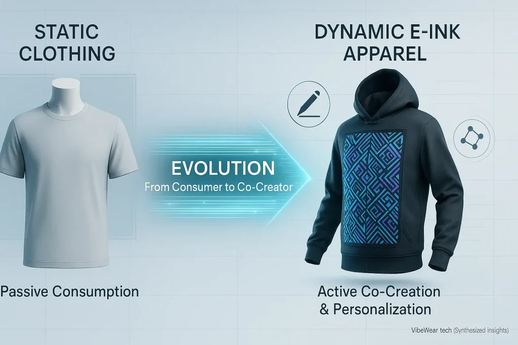 Infographic: E-Ink apparel evolves from static to dynamic design, shifting user role from consumer to co-creator.