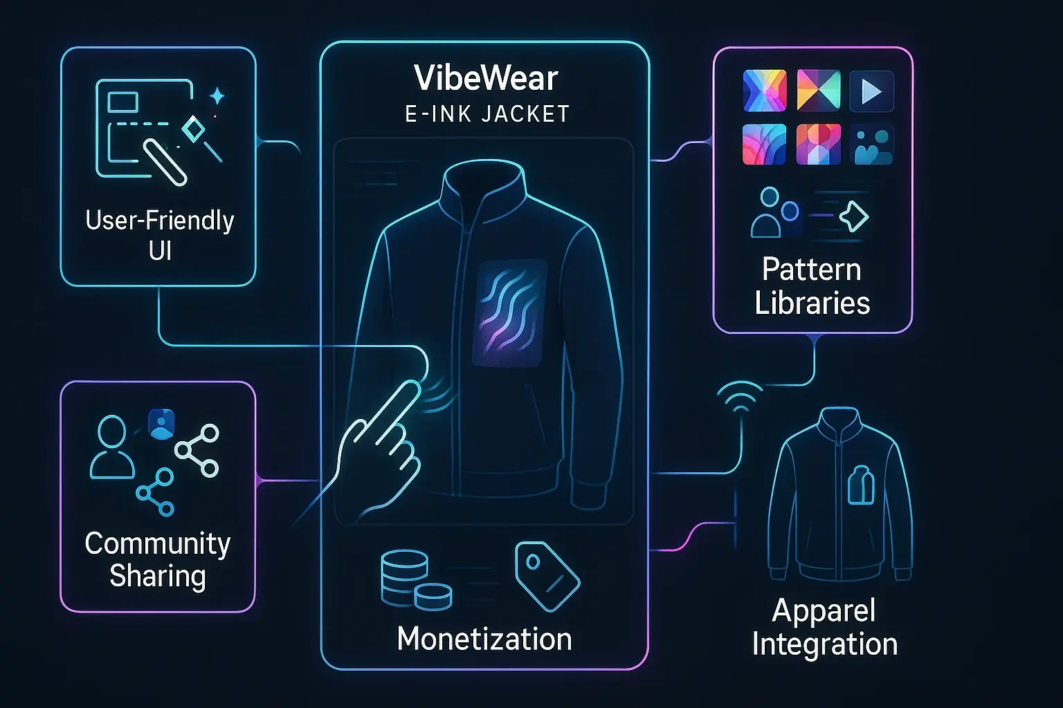 Infographic: VibeWear platform essentials: Easy UI, Pattern Libraries, Community Sharing, Monetization, Apparel Integration.