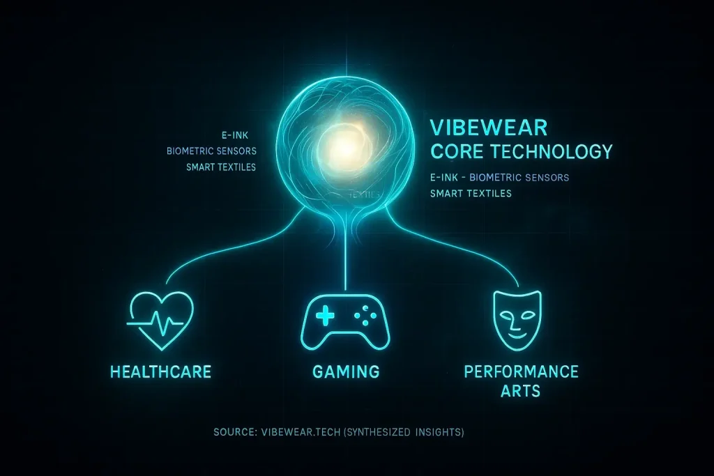 VibeWear's core technology visually branches to healthcare, gaming, & arts sectors with icons, highlighting diverse industry