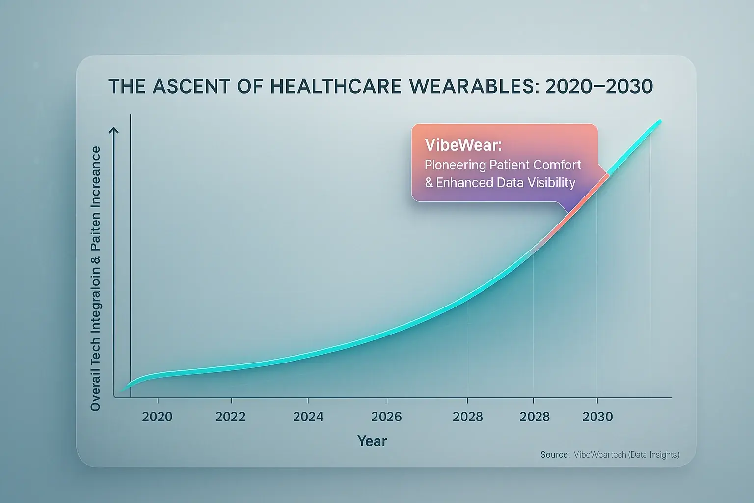 Line graph: Conceptual upward trend, healthcare wearables 2020-30, VibeWear aiding patient comfort & data visibility.