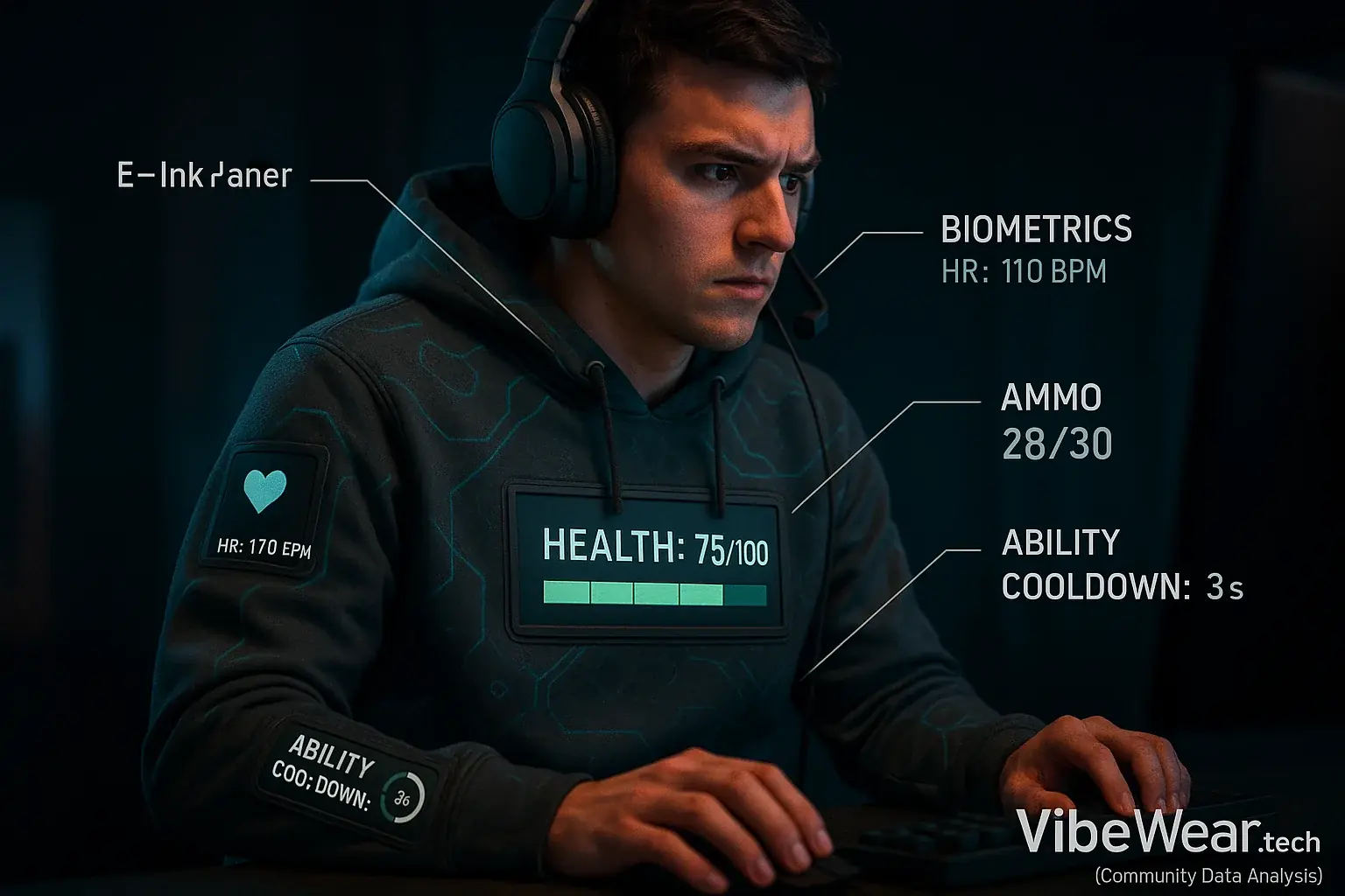 Infographic: Stylized gamer in VibeWear, E-Ink panels show game stats (health, ammo) & dynamic effects for deeper immersion.