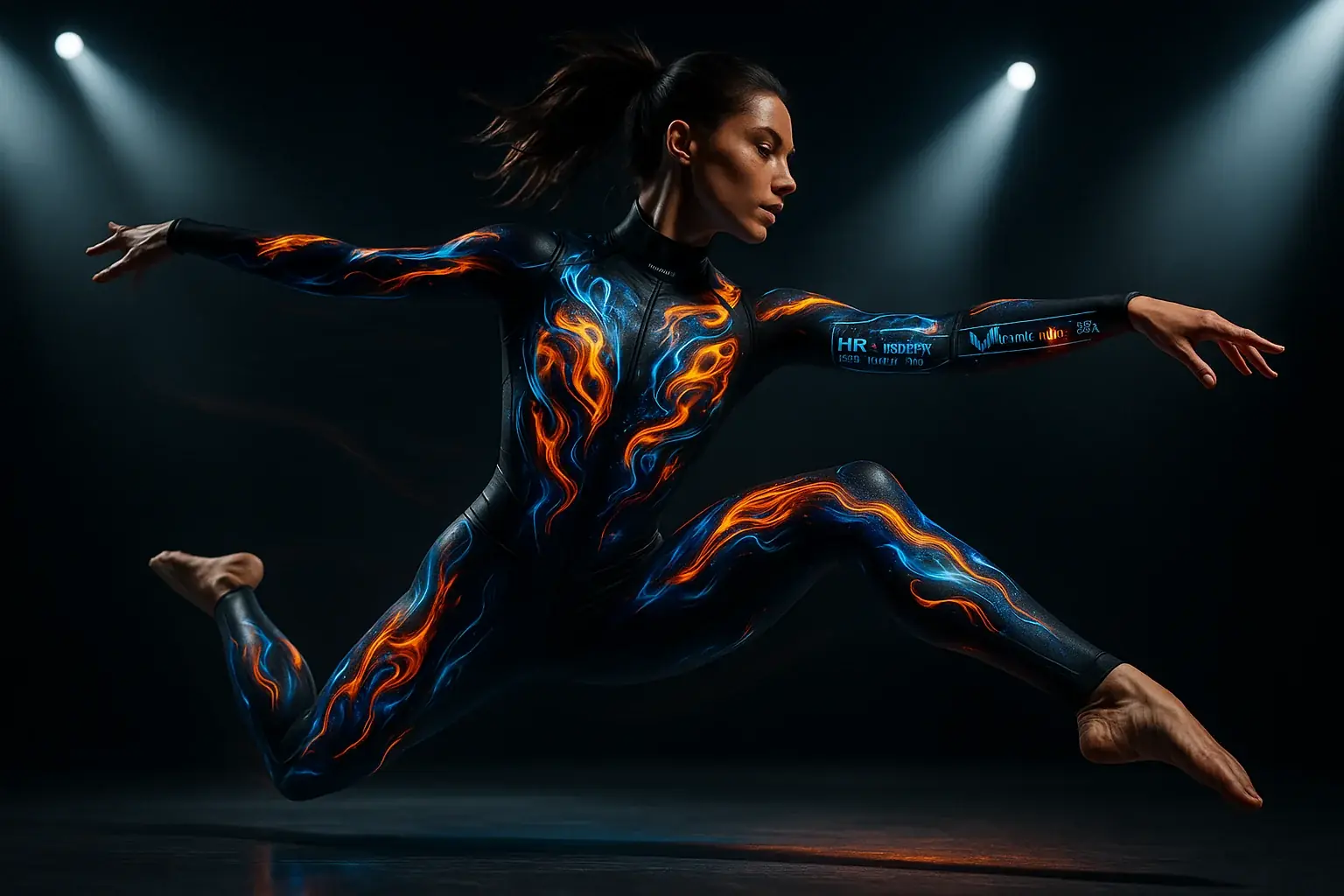 Dancer's VibeWear E-Ink costume: a dynamic canvas of fluid patterns reacting to movement & music, enlivening the performance.
