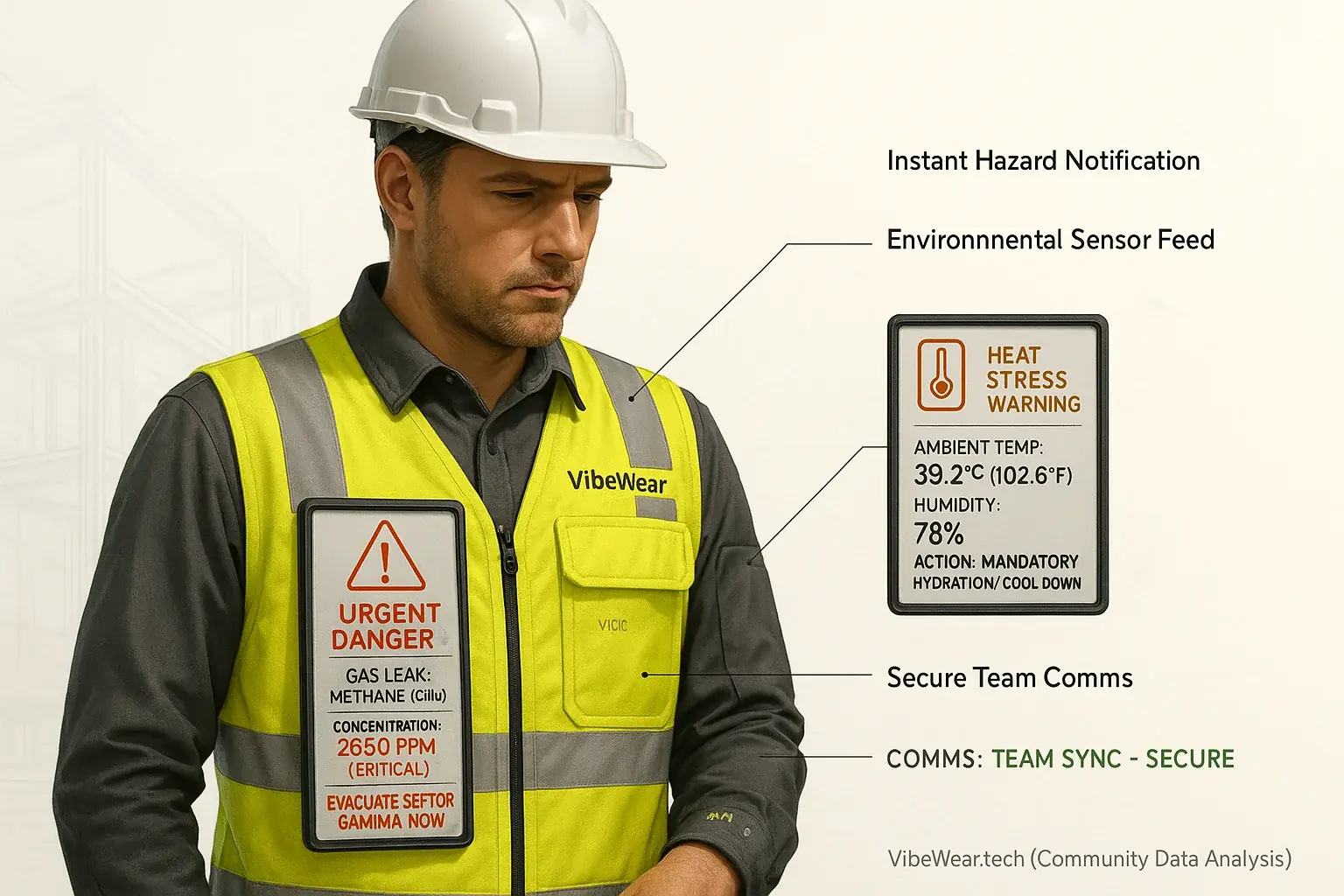 VibeWear uniform on worker: E-Ink panels display critical safety alerts (gas leak, high temp) for professional field use.
