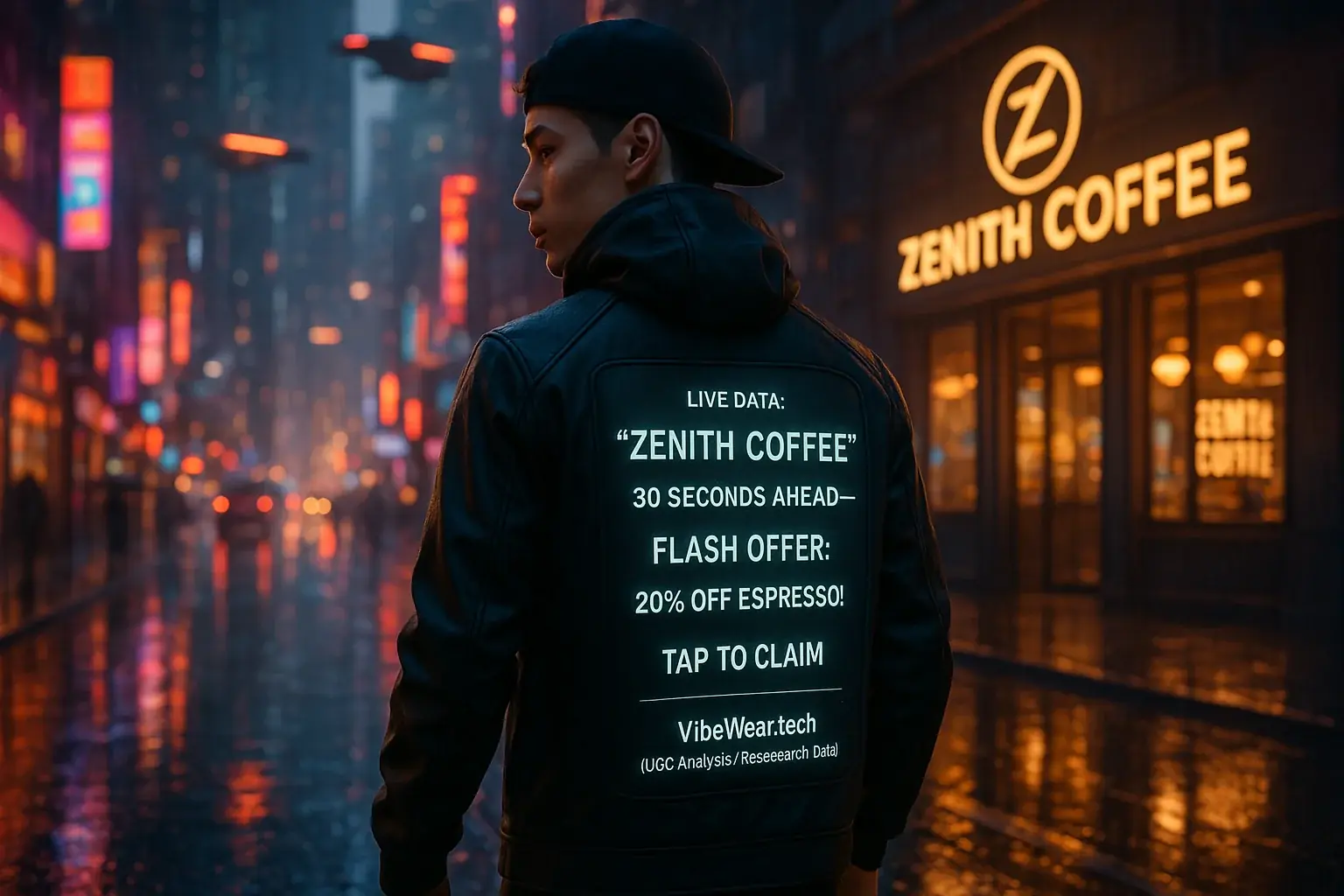 VibeWear E-Ink jacket on a city walker displays dynamic, location-aware ads, functioning as a personal mobile billboard.