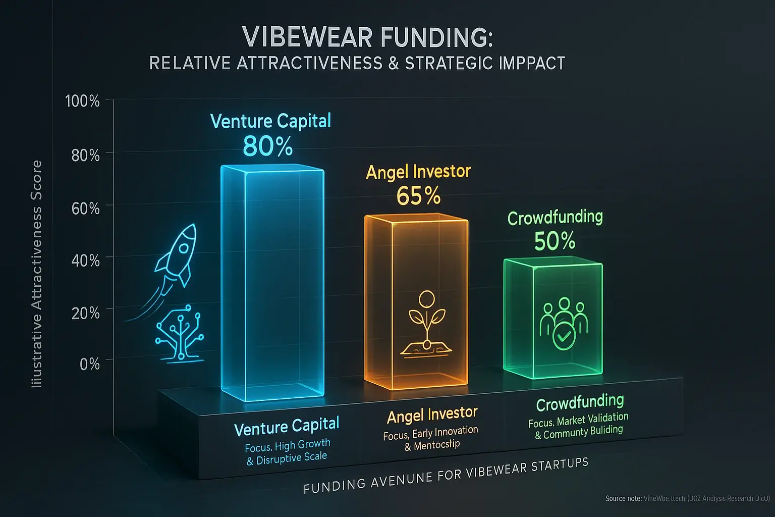 Bar chart: VibeWear funding attractiveness (VC, Angel, Crowdfunding) ranked by market signals & investor profiles.
