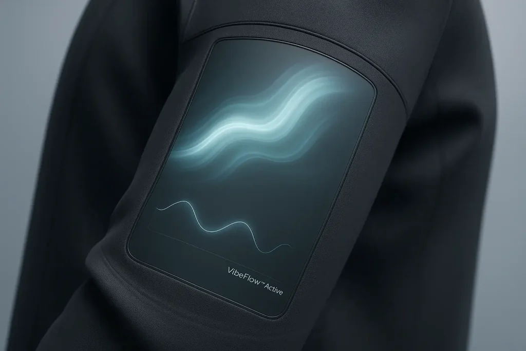 Futuristic E-Ink clothing emits subtle haptic waves; a clean, minimalist visual of fashion you can truly feel.