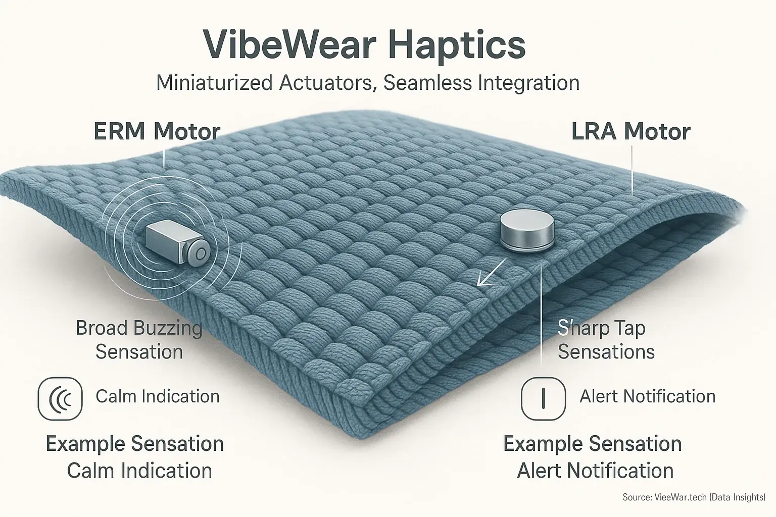 Mini haptic actuators seamlessly integrated in fabric, arrows show vibration/pressure, detailing tactile feedback mechanism.