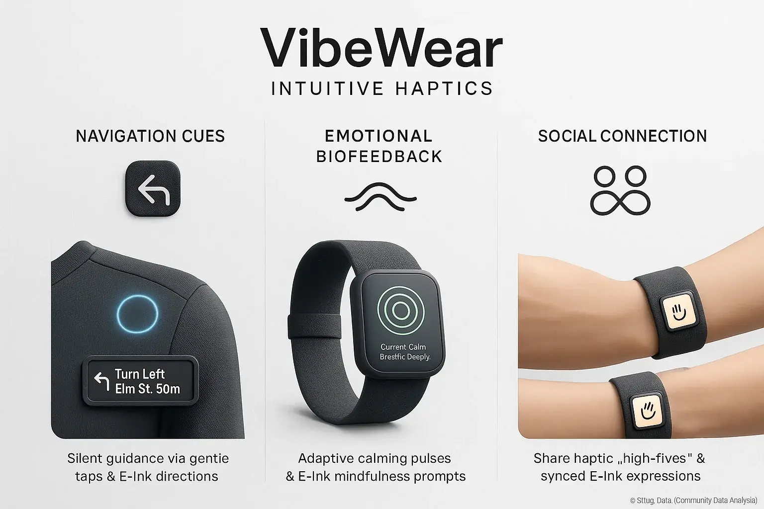 Infographic: Icons illustrate VibeWear's real-world haptic uses: navigation, biofeedback, and social connection.
