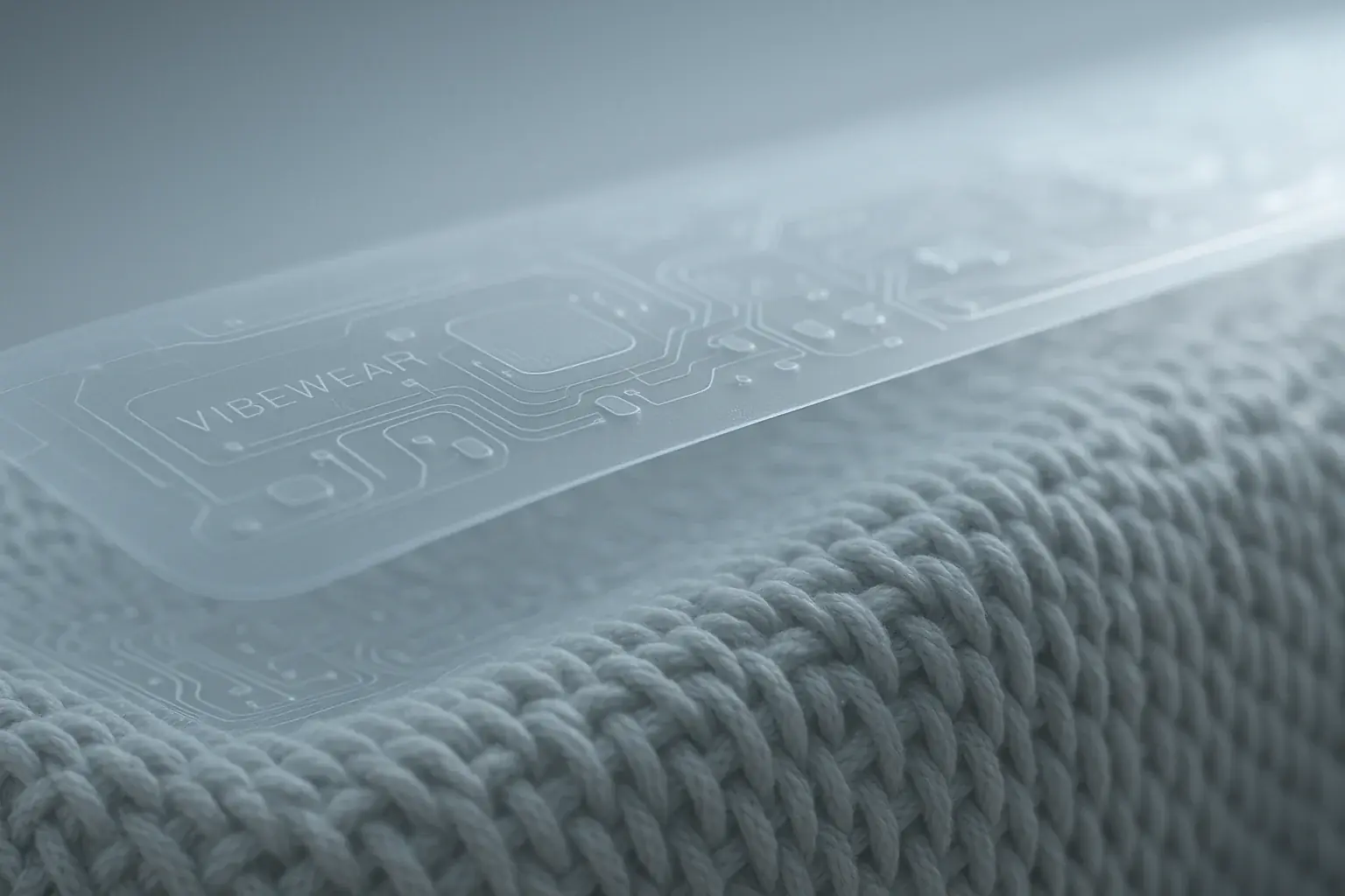Ultra-thin, flexible haptic layers seamlessly integrated in futuristic fabric, showcasing advanced, near-invisible