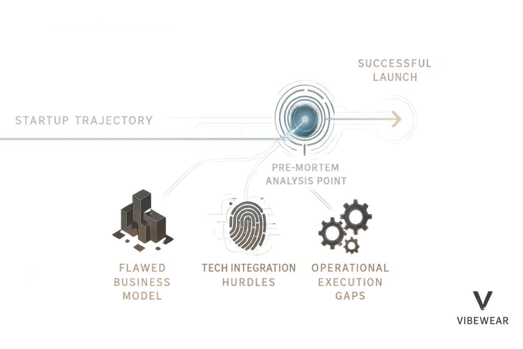 VibeWear infographic: Startup pre-mortem process for proactively identifying risks to avoid hypothetical stumbles.