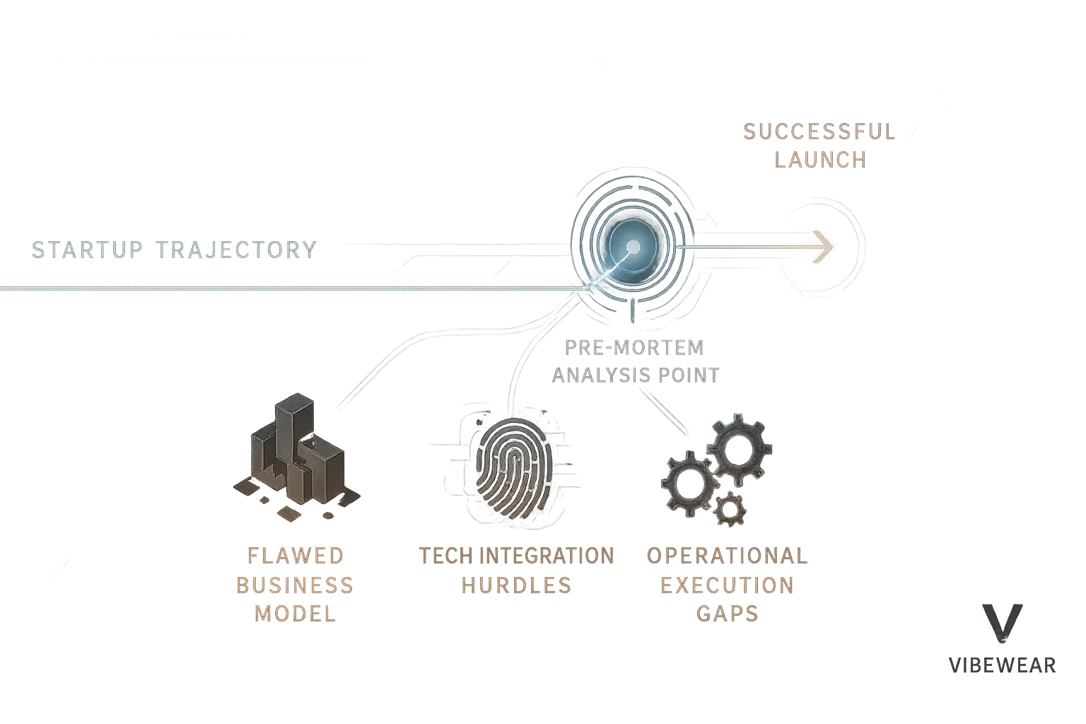 VibeWear infographic: Startup pre-mortem process for proactively identifying risks to avoid hypothetical stumbles.