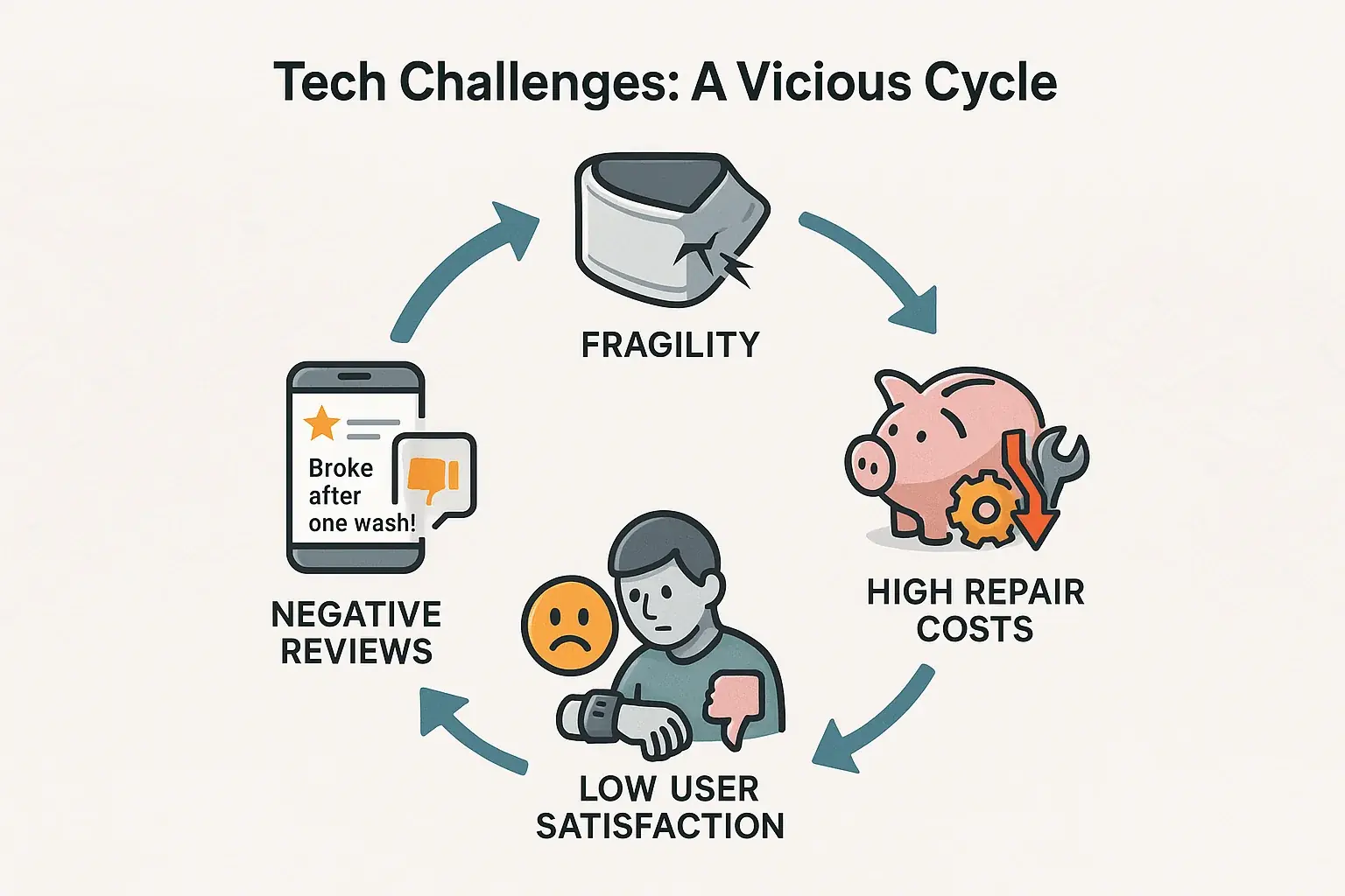 Vicious cycle diagram: Fragility -> High Repair Costs -> Low User Satisfaction -> Negative Reviews, creating tech roadblocks.