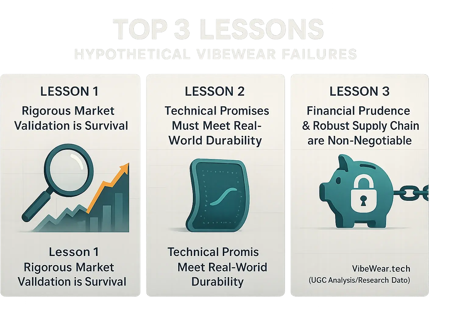 Infographic: Top 3 VibeWear failure lessons—Market Research, Tech Durability, Financial Prudence—with icons.