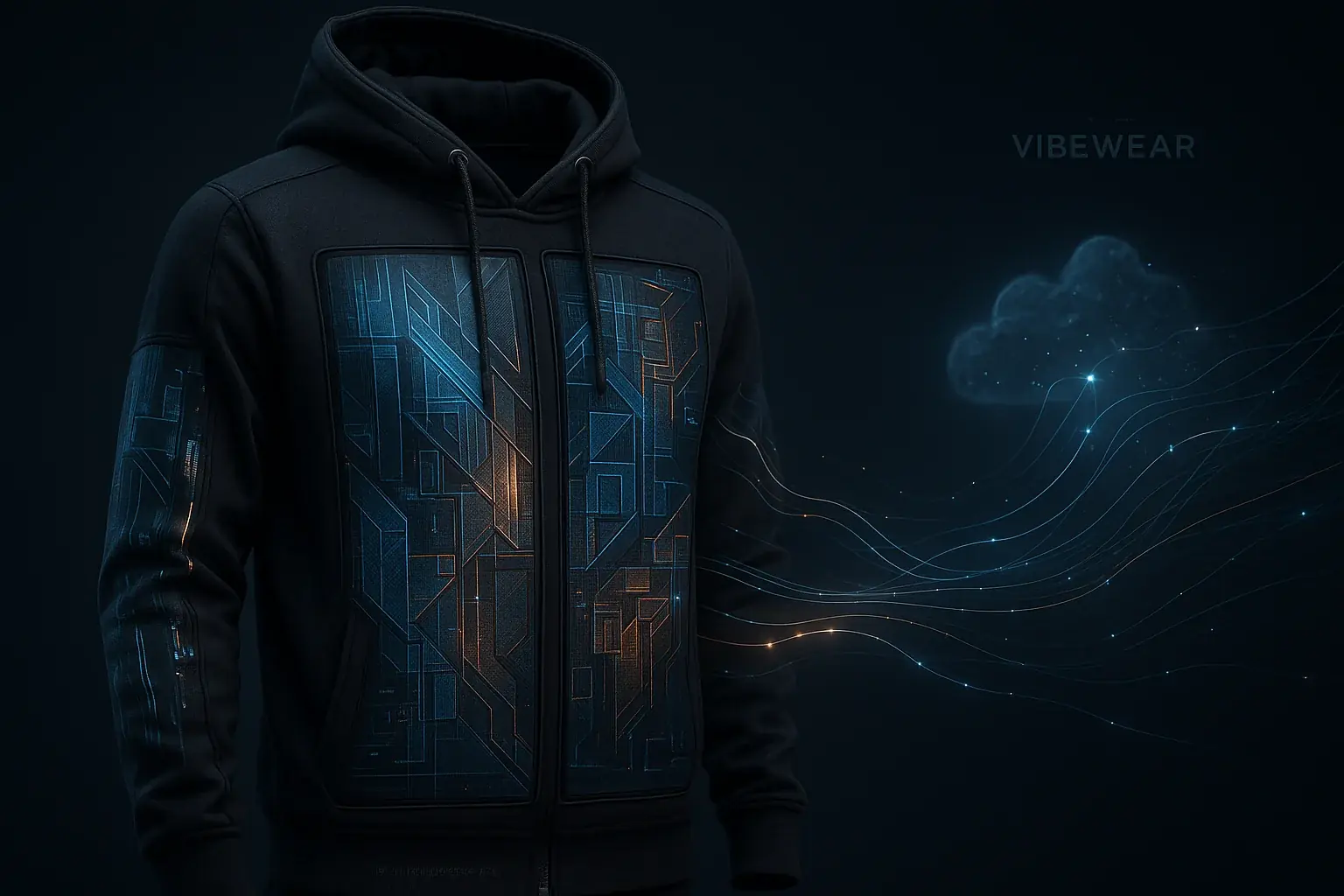 Abstract VibeWear garment with digital patterns; glowing lines depict data flow to cloud, ensuring vital seamless