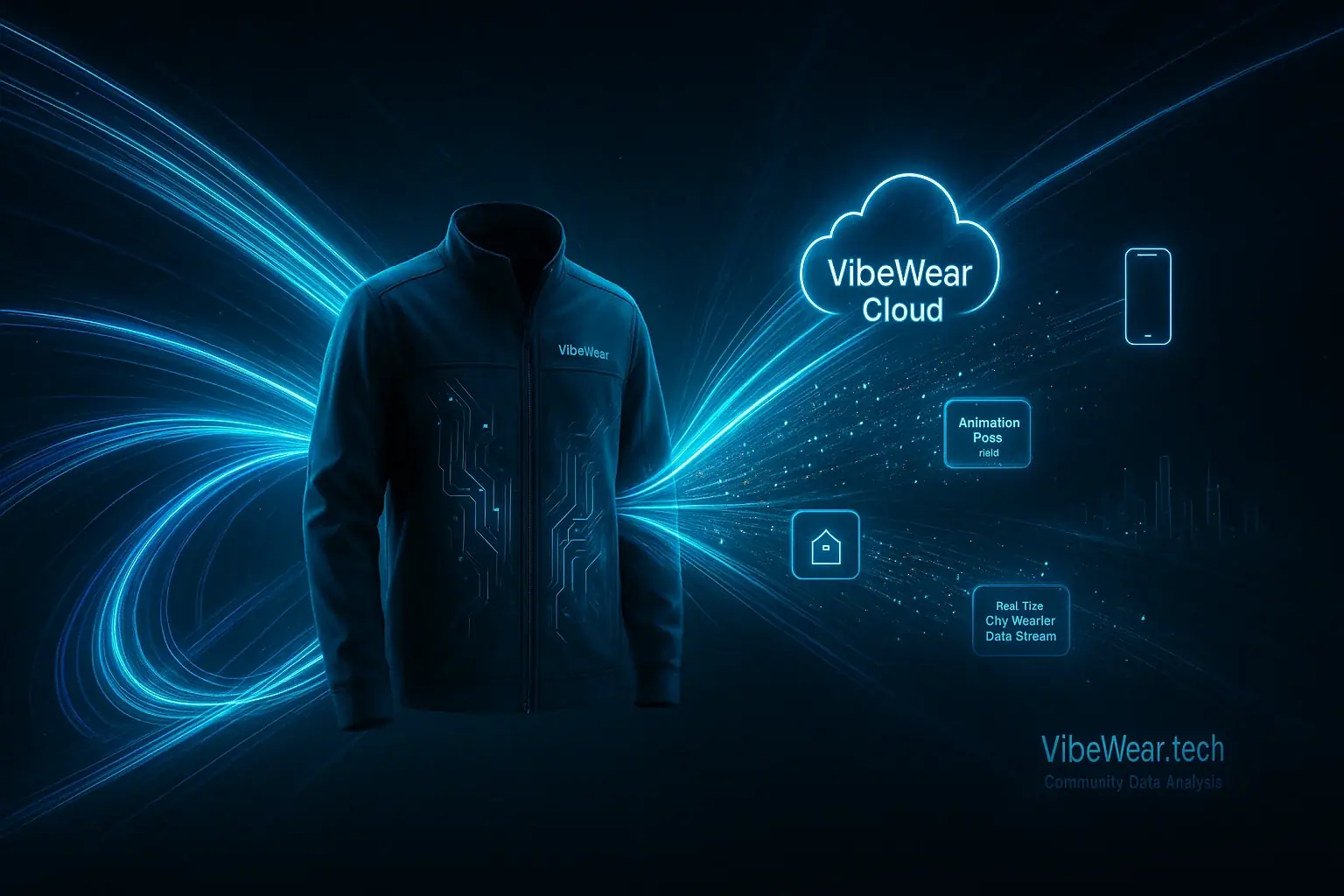 Abstract, high-speed Wi-Fi signals connect VibeWear garment to cloud &amp; global devices for worldwide data exchange.