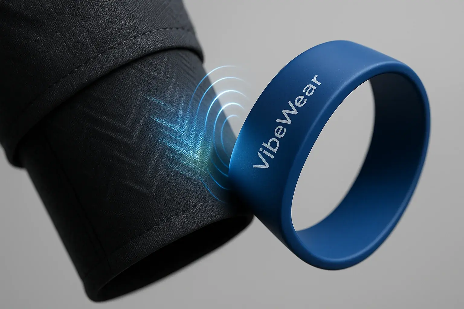 NFC tap between VibeWear items (apparel/smartphone); signals show instant, close-range interaction.