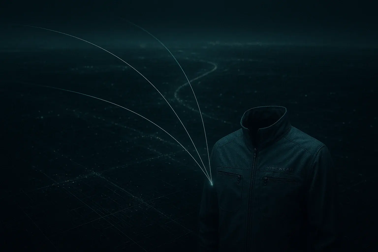 Abstract map: VibeWear garment emits faint, extensive data signals, visualizing LoRa/Sigfox long-range, low-power