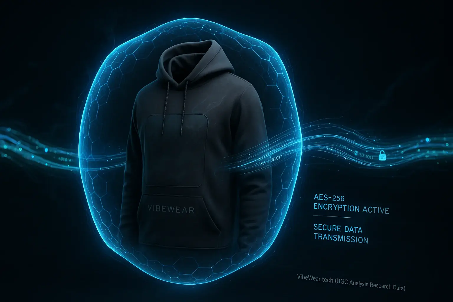 VibeWear garment secured by futuristic digital shield, illustrating encrypted data protection.