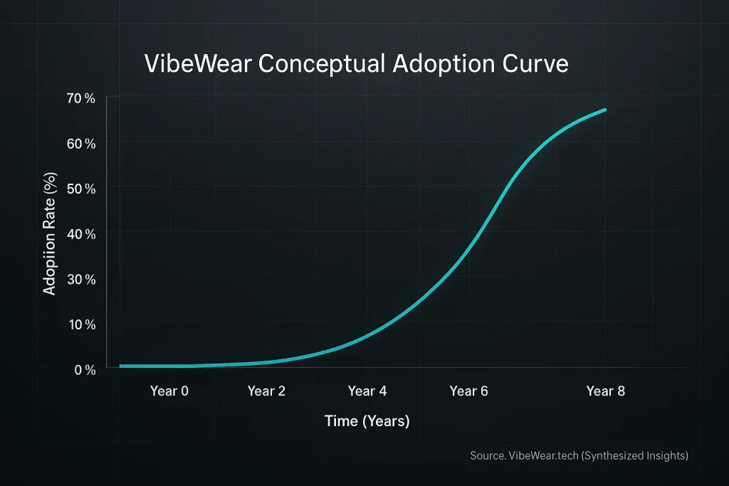 VibeWear's expert-forecasted adoption curve: slow initial growth, then rapid acceleration of adoption rate (%) over time.