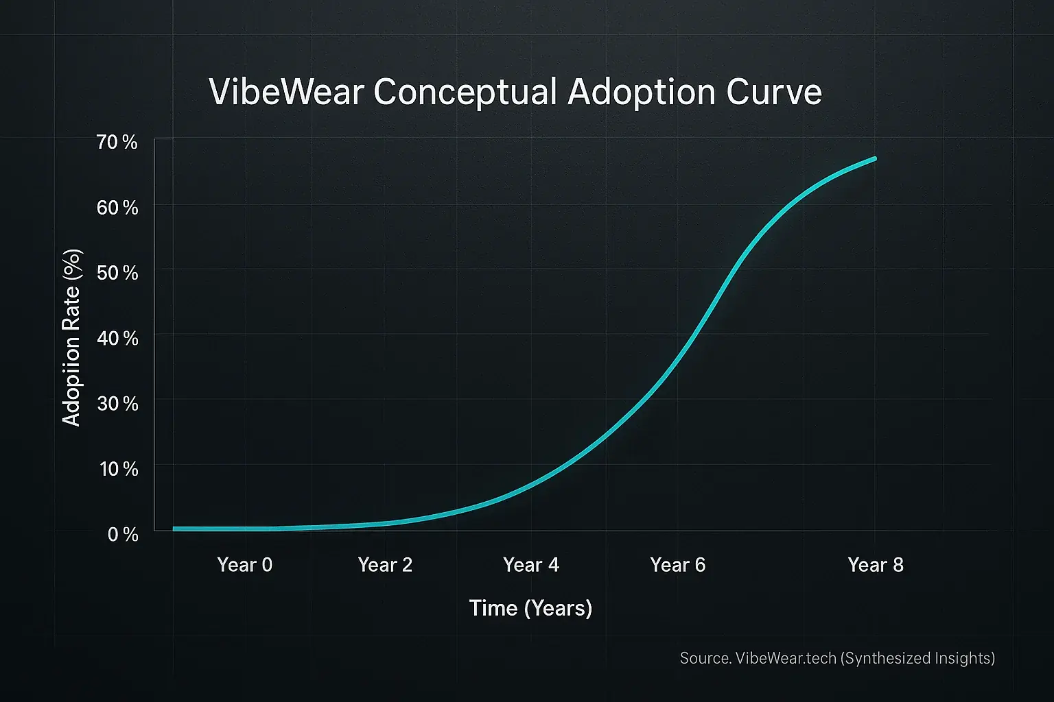 VibeWear's expert-forecasted adoption curve: slow initial growth, then rapid acceleration of adoption rate (%) over time.