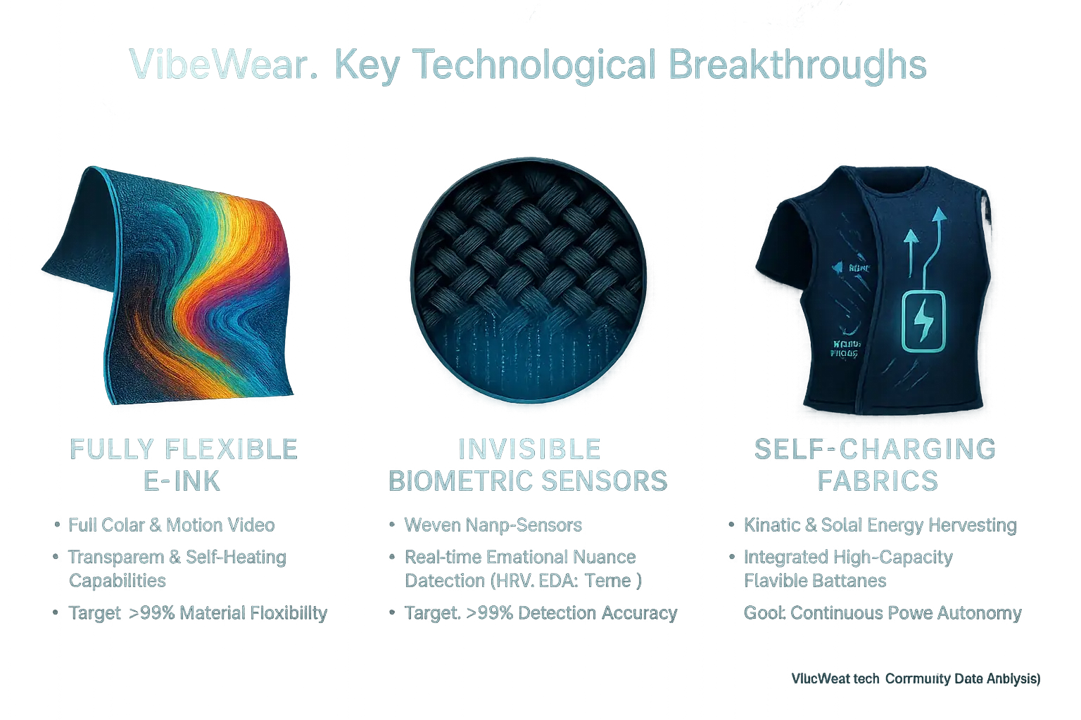 Infographic with icons detailing VibeWear's tech breakthroughs: Flexible E-Ink, Invisible Biometrics, Self-Charging Fabrics.