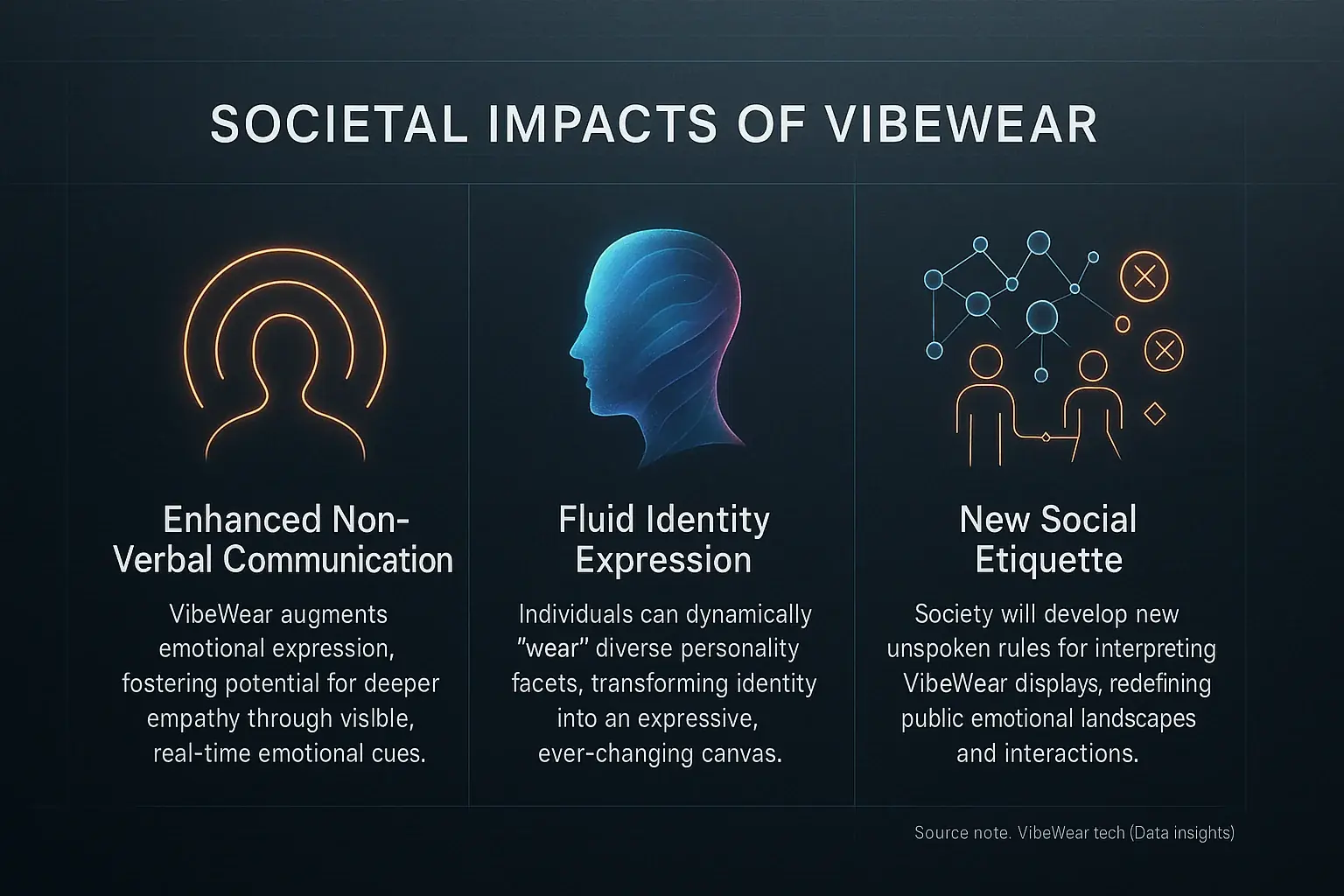 Infographic: Abstract icons show VibeWear reshaping society via communication, identity, and etiquette impacts.
