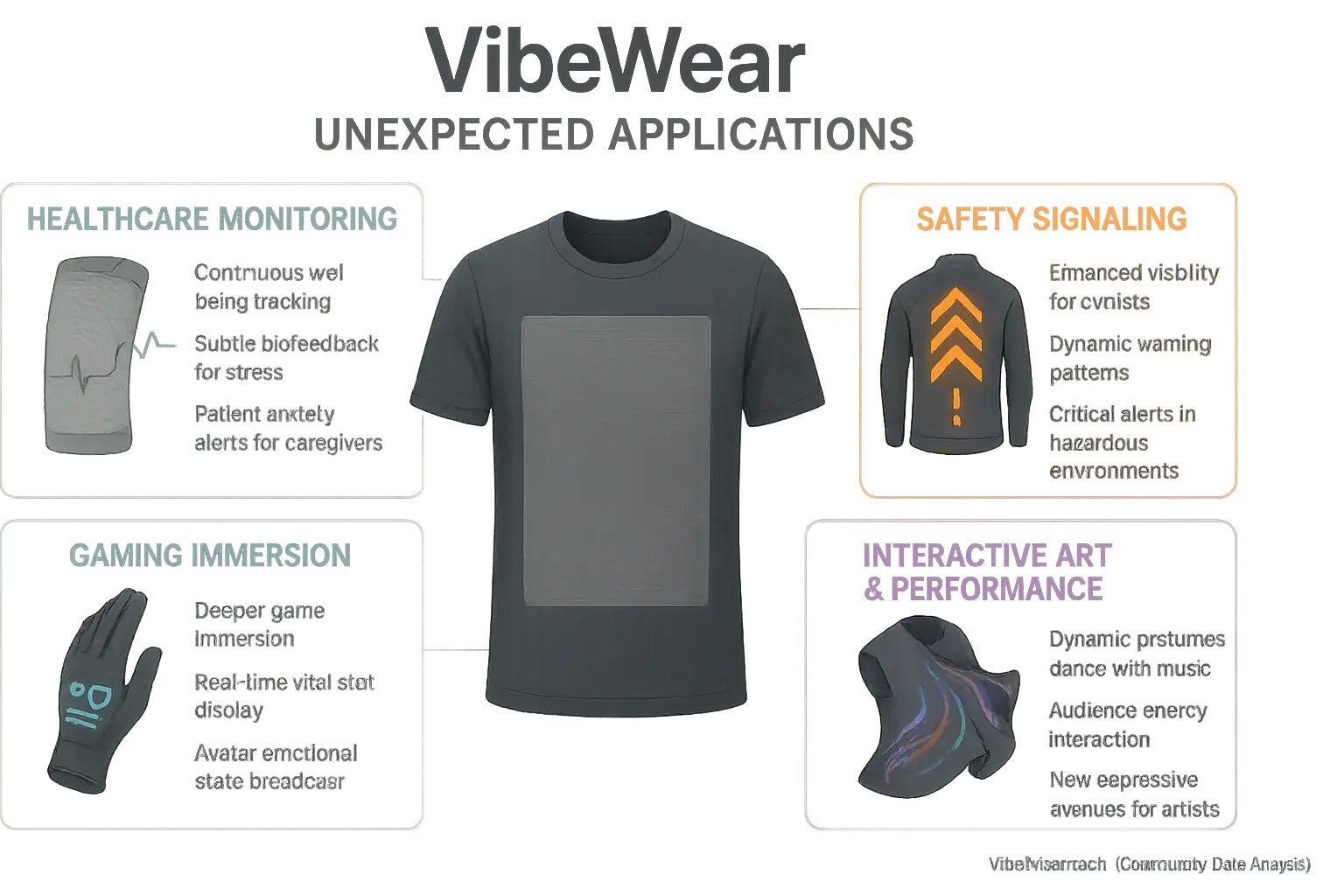 Infographic icons: VibeWear tech in Healthcare Monitoring, Gaming Immersion, Safety Signaling—emerging use cases.