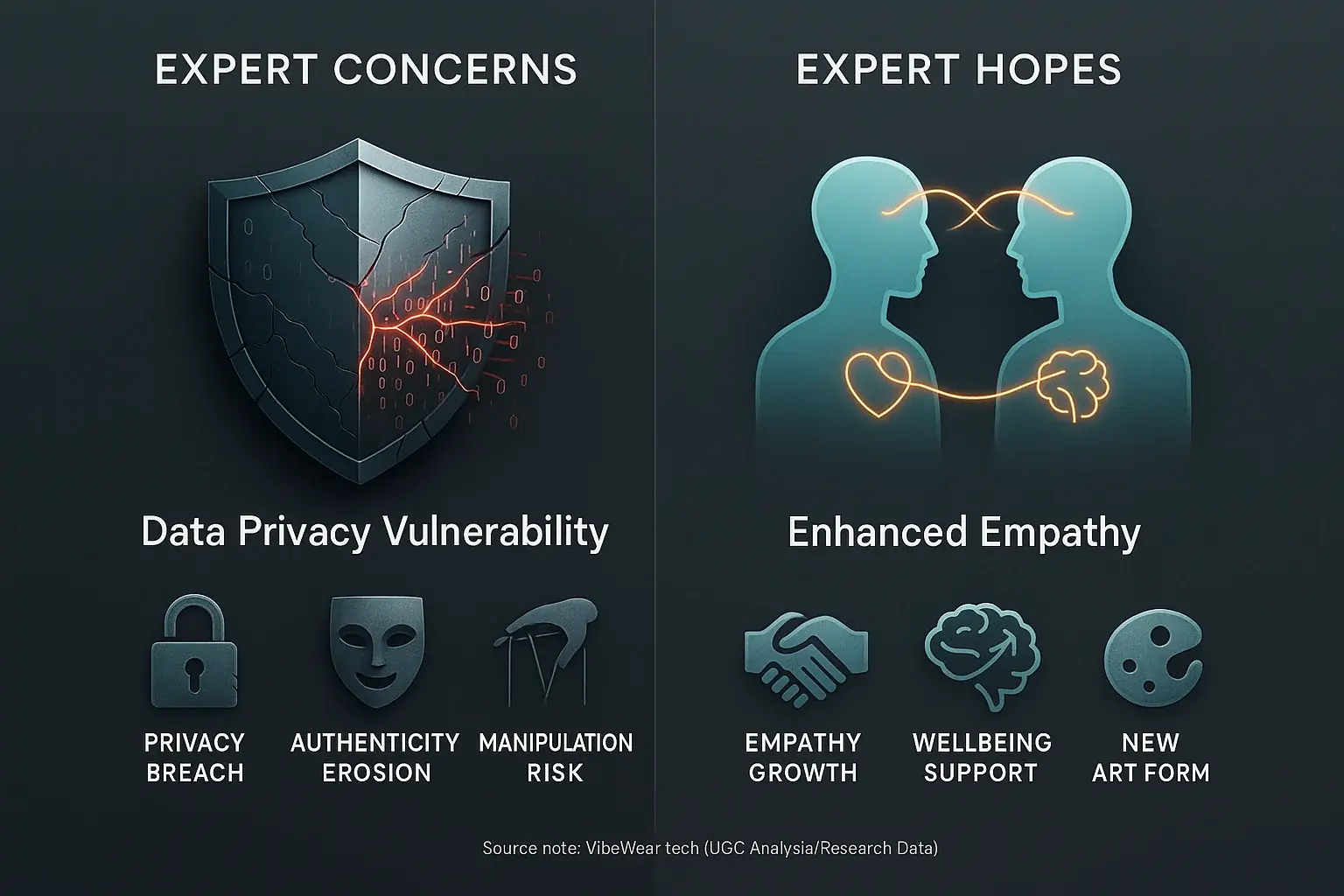 Infographic: VibeWear's balanced future view. Left: concerns (privacy, cost). Right: hopes (empathy, self-expression).
