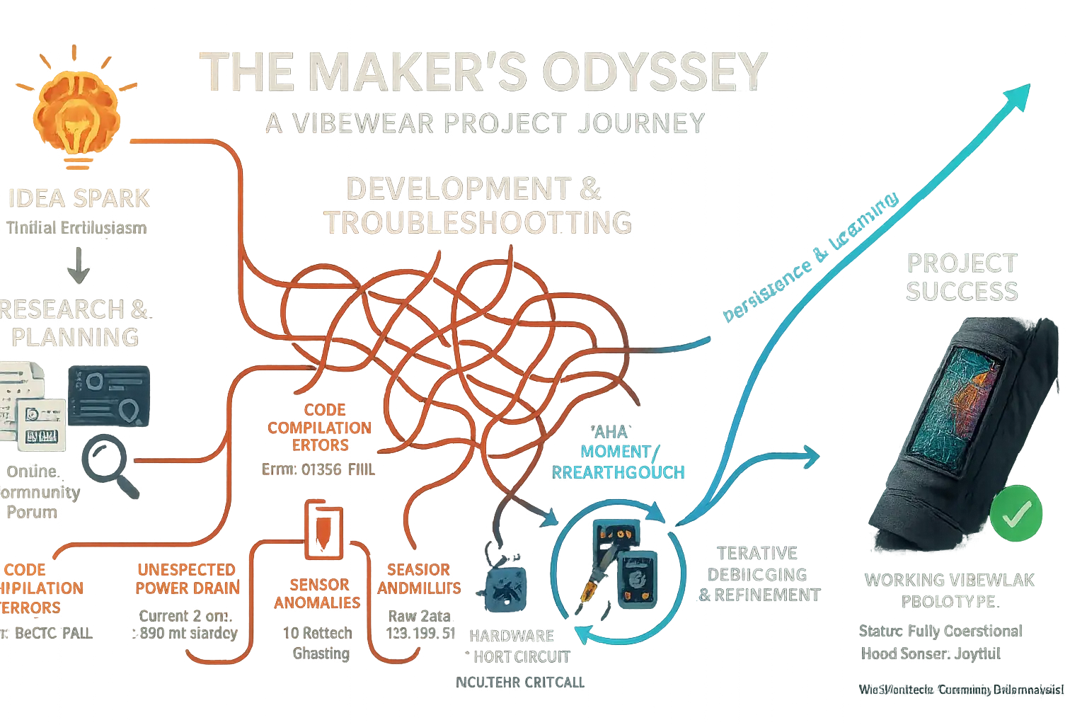 Infographic: Non-linear DIY tech project path: idea, research, challenges (broken lines), iteration, to smooth success line.