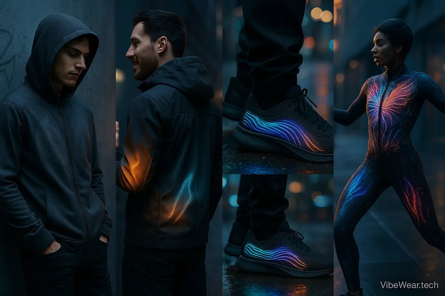 Urban collage: diverse, community-created VibeWear E-Ink streetwear on models, showcasing creative styles &amp; dynamic patterns.