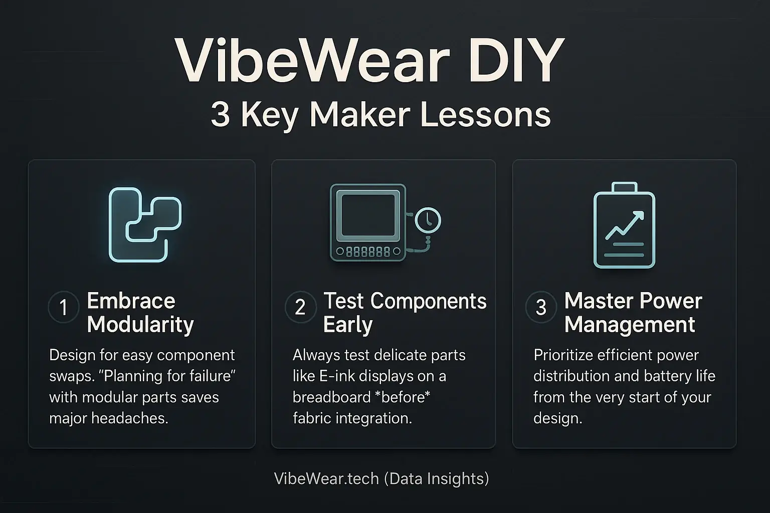 Infographic: Top 3 actionable VibeWear DIY tips from success stories, e.g., test components, plan washability.
