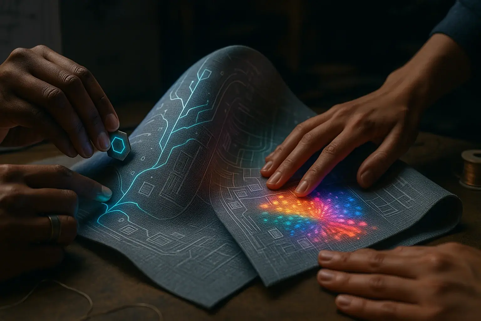 Diverse hands collaboratively weave a glowing, interconnected E-Ink textile, visualizing shared VibeWear DIY stories.