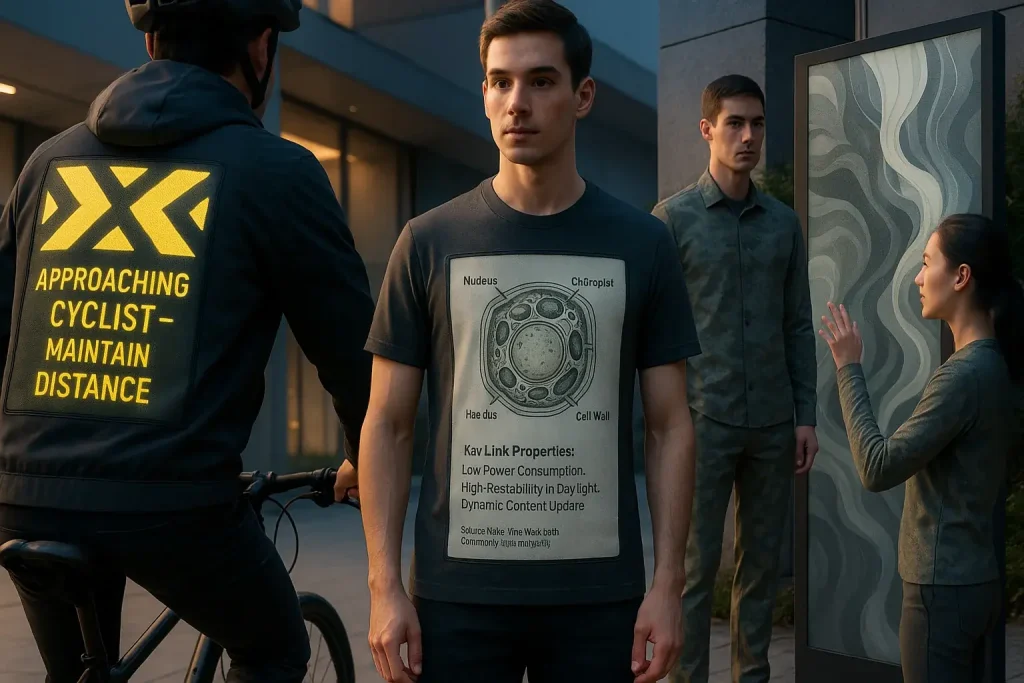 Conceptual E-Ink clothing: versatile uses on wearers include safety patterns, educational displays, camouflage, interactive