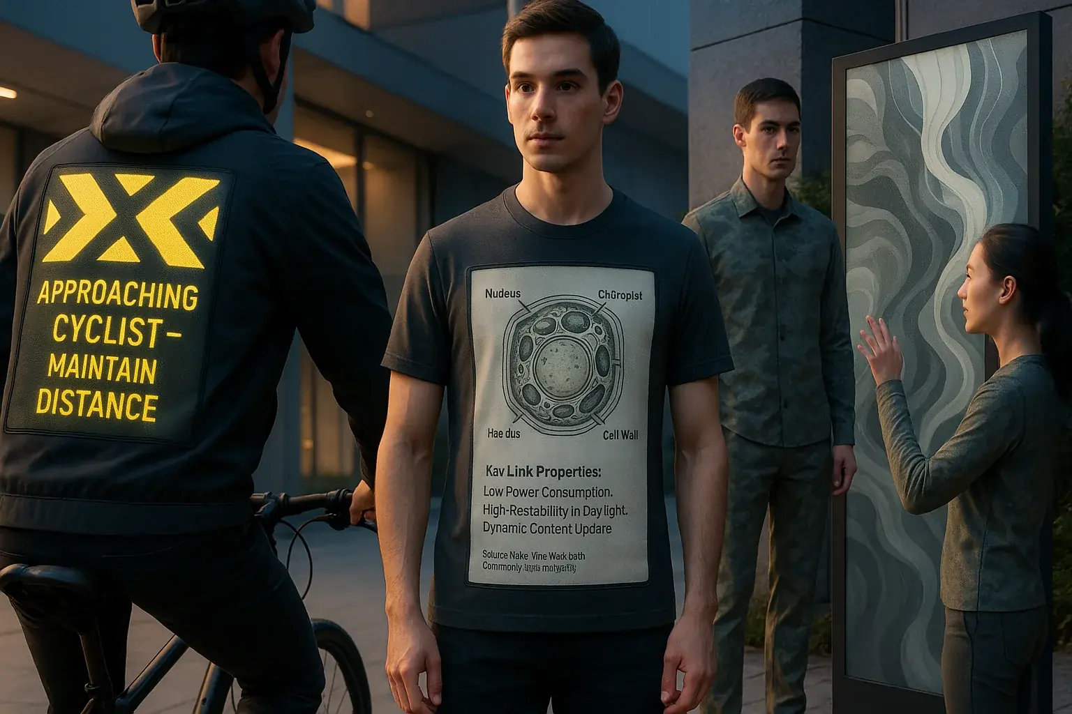 Conceptual E-Ink clothing: versatile uses on wearers include safety patterns, educational displays, camouflage, interactive