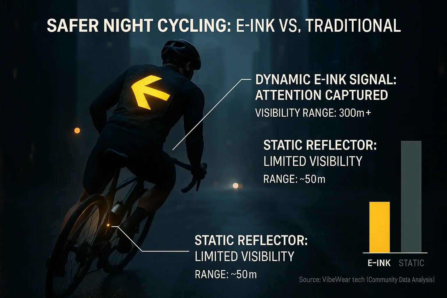 Cyclist in dark city: E-Ink jacket's dynamic, bright arrow signal enhances visibility, outperforming static gear.