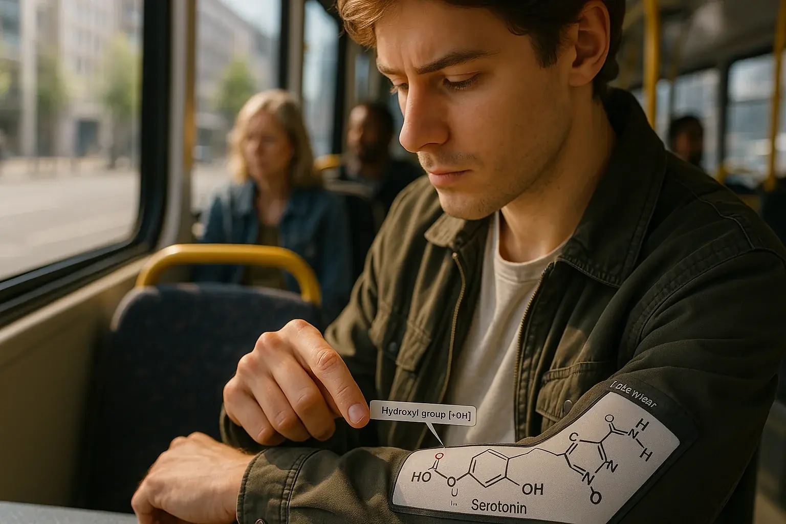 Student on bus touches E-Ink sleeve showing a chemical formula, integrating complex learning into daily commute.