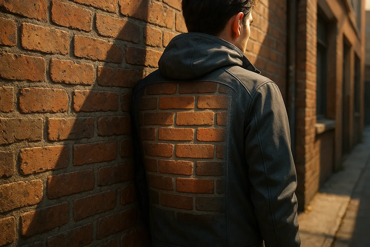 E-Ink jacket subtly changes pattern, seamlessly blending wearer into an urban brick wall via dynamic camouflage.