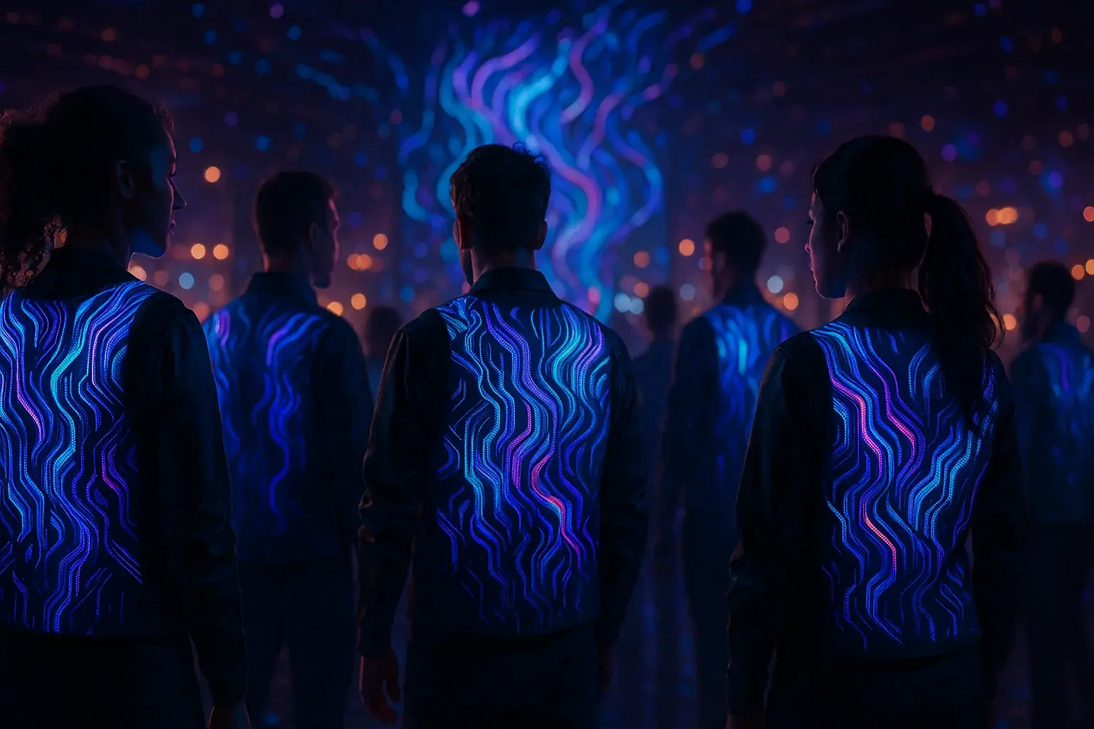 Conceptual interactive art: E-Ink attire on people shifts patterns with sound/motion, a dynamic collective canvas.